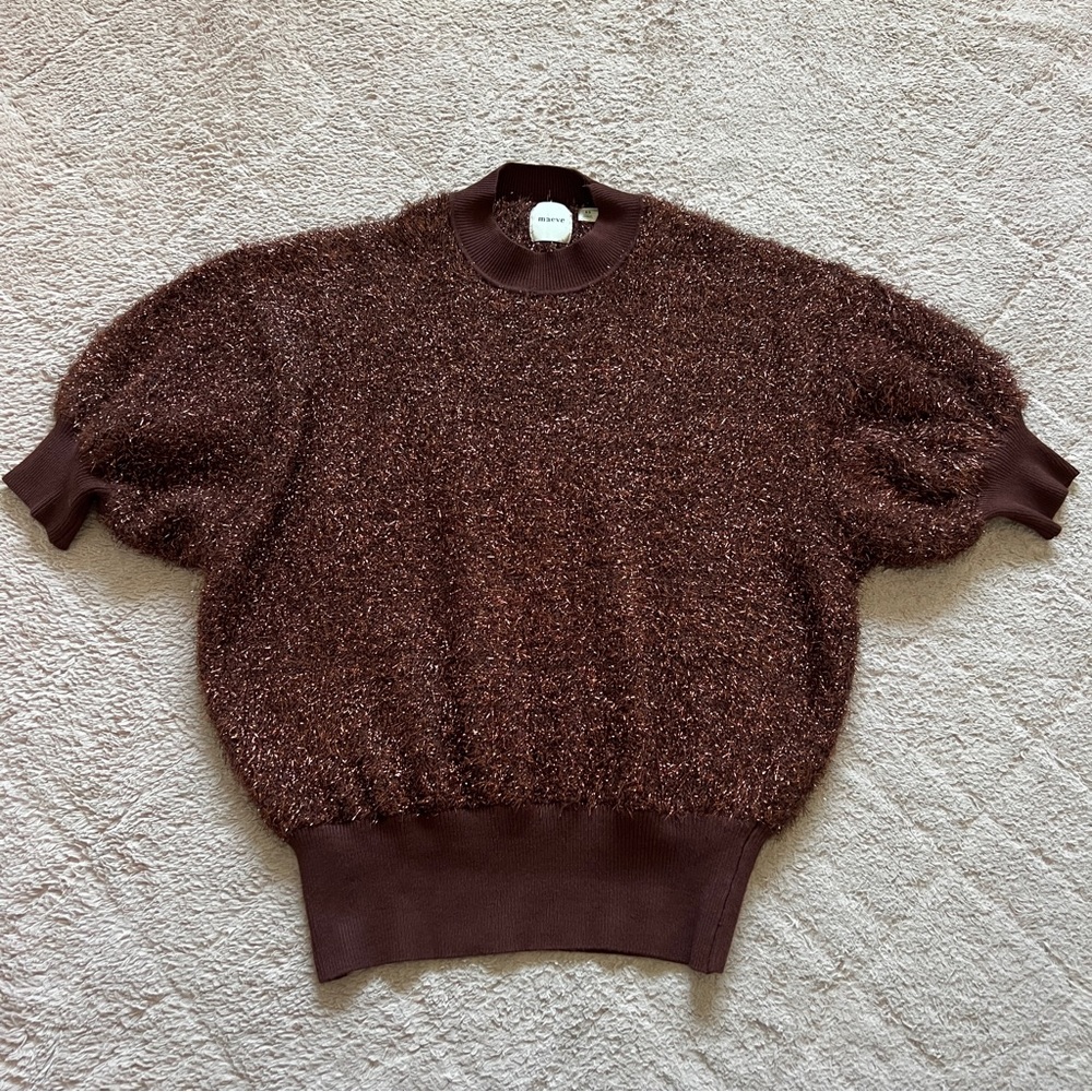 Maeve Anthropologie Violetta Tinsel Short Sleeve Sweater Preppy Minimalist Sz XS